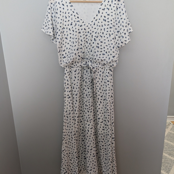 Sienna Sky White With Blue Floral Flutter Sleeve Belted Elastic Waist Midi Dress - Picture 3 of 8